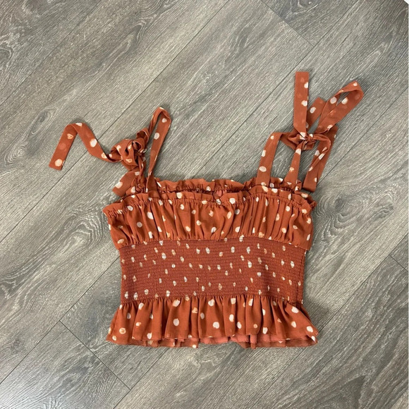 Aritzia Wilfred Ballad Camisole Tank Top Polka dot Crop Smocked  chiffon Orange - Picture 11 of 11